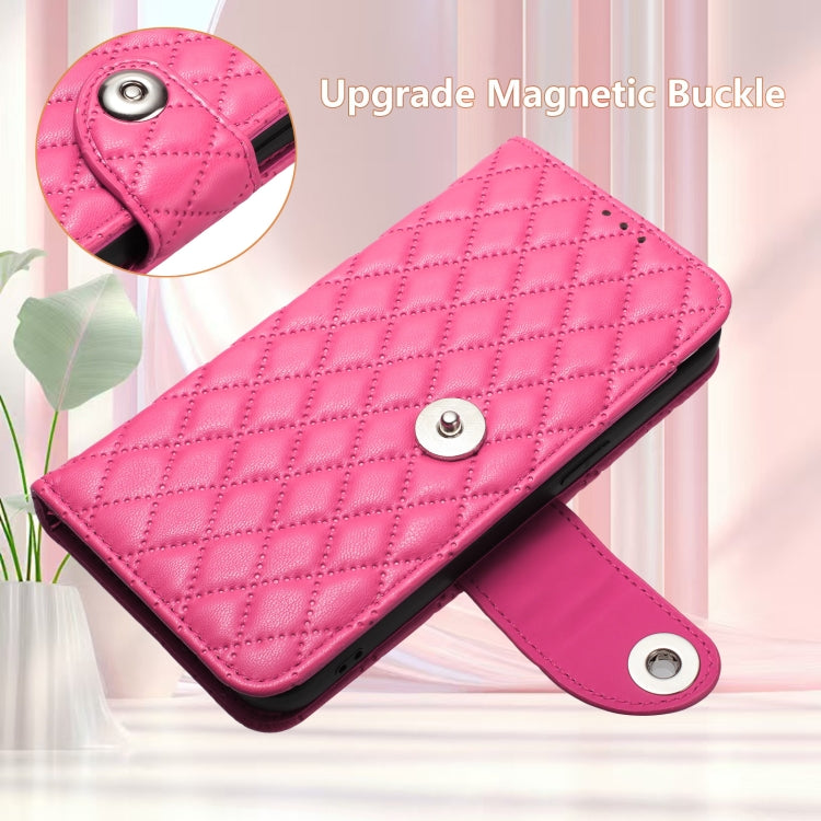 For Doogee N55 Plus Rhombic Texture Flip Leather Phone Case with Lanyard(Rose Red) - Doogee Cases by PMC TechLife | Online Shopping South Africa | PMC TechLife | Buy Now Pay Later Mobicred
