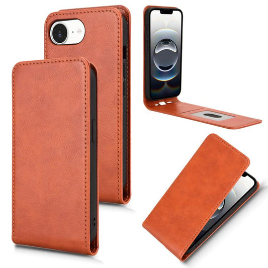 For iPhone 16e Magnetic Vertical Flip Leather Phone Case(Brown) - iPhone 16e Cases by PMC Jewellery | Online Shopping South Africa | PMC Jewellery | Buy Now Pay Later Mobicred