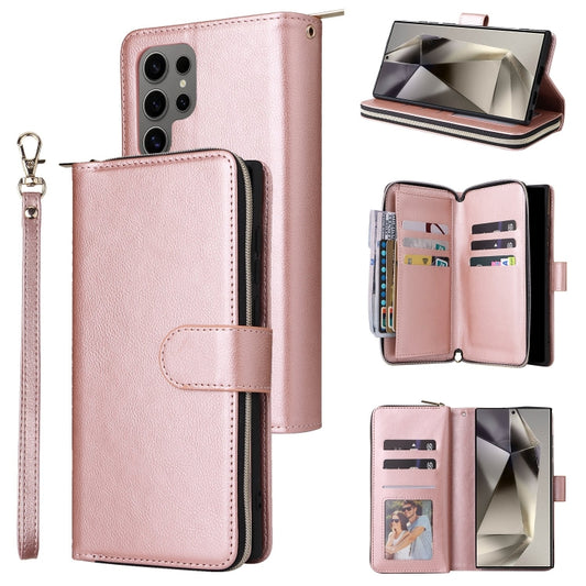 For Samsung Galaxy S25 Ultra 5G 9-Card Slots Zipper Wallet Bag Leather Phone Case(Rose Gold) - Galaxy S25 Ultra 5G Cases by PMC Jewellery | Online Shopping South Africa | PMC Jewellery | Buy Now Pay Later Mobicred