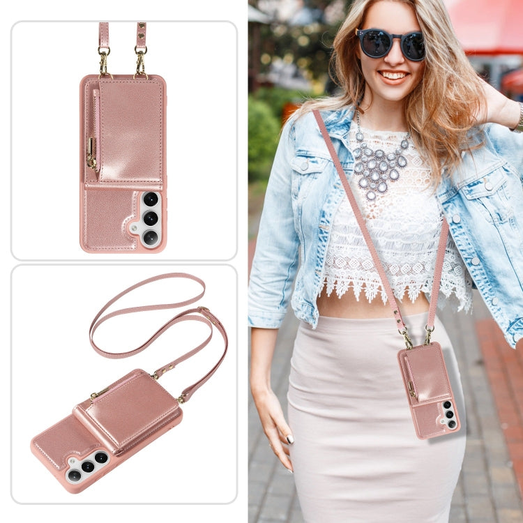 For Samsung Galaxy S25+ 5G Crossbody Lanyard Zipper Wallet Leather Phone Case(Rose Gold) - Galaxy S25+ 5G Cases by PMC Jewellery | Online Shopping South Africa | PMC Jewellery | Buy Now Pay Later Mobicred