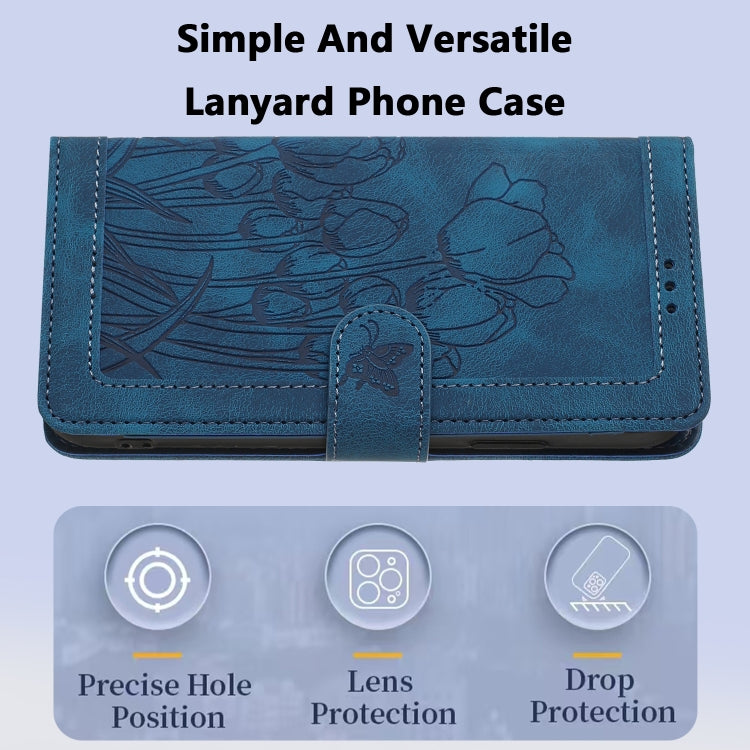 For iPhone 16e Tulips Embossed Leather Phone Case with Lanyard(Blue) - iPhone 16e Cases by PMC TechLife | Online Shopping South Africa | PMC TechLife | Buy Now Pay Later Mobicred
