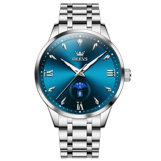 OLEVS 3646 Men Multifunctional Moon Phase Stone Waterproof Quartz Watch(Blue) - Metal Strap Watches by OLEVS | Online Shopping South Africa | PMC Jewellery | Buy Now Pay Later Mobicred