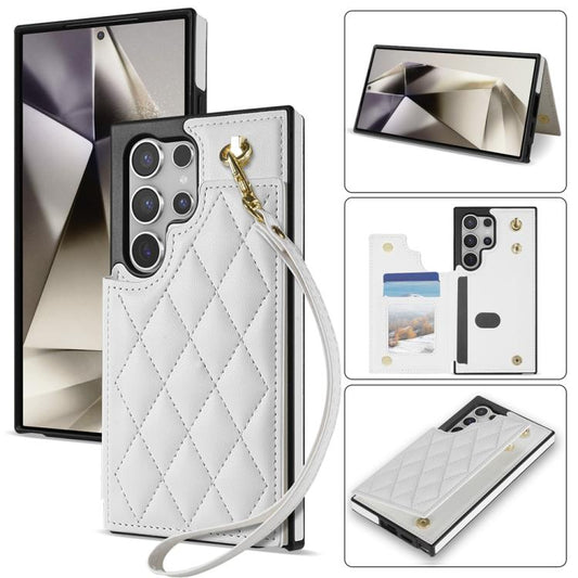 For Samsung Galaxy S25 Ultra 5G Rhombic Dual Buckle Card Slots Phone Case with Lanyard(White) - Galaxy S25 Ultra 5G Cases by PMC Jewellery | Online Shopping South Africa | PMC Jewellery | Buy Now Pay Later Mobicred