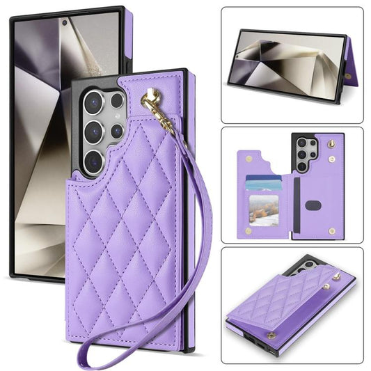 For Samsung Galaxy S25 Ultra 5G Rhombic Dual Buckle Card Slots Phone Case with Lanyard(Purple) - Galaxy S25 Ultra 5G Cases by PMC Jewellery | Online Shopping South Africa | PMC Jewellery | Buy Now Pay Later Mobicred