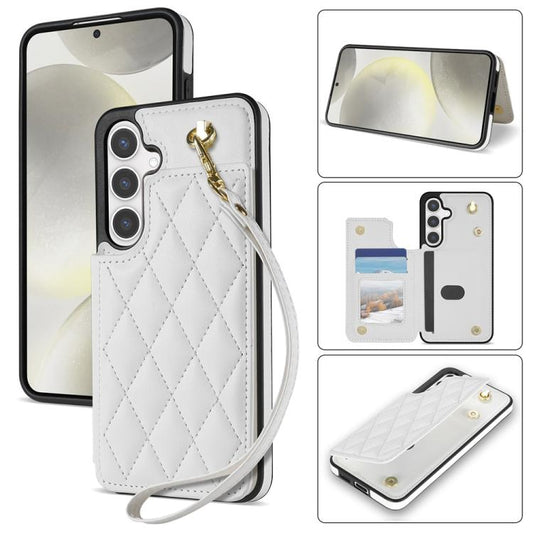 For Samsung Galaxy S25+ 5G Rhombic Dual Buckle Card Slots Phone Case with Lanyard(White) - Galaxy S25+ 5G Cases by PMC Jewellery | Online Shopping South Africa | PMC Jewellery | Buy Now Pay Later Mobicred