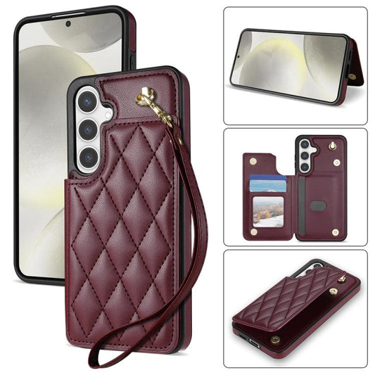 For Samsung Galaxy S25 5G Rhombic Dual Buckle Card Slots Phone Case with Lanyard(Wine Red) - Galaxy S25 5G Cases by PMC Jewellery | Online Shopping South Africa | PMC Jewellery | Buy Now Pay Later Mobicred