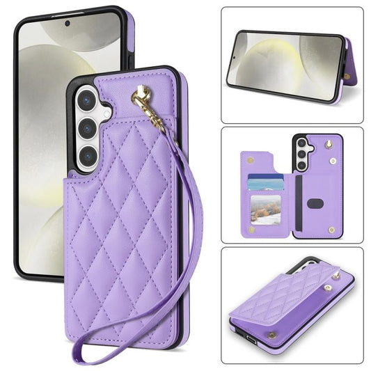 For Samsung Galaxy S25 5G Rhombic Dual Buckle Card Slots Phone Case with Lanyard(Purple) - Galaxy S25 5G Cases by PMC Jewellery | Online Shopping South Africa | PMC Jewellery | Buy Now Pay Later Mobicred