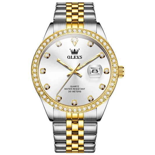 OLEVS 3629 Men Diamond Bezel Luminous Waterproof Quartz Watch(Gold Silver) - Metal Strap Watches by OLEVS | Online Shopping South Africa | PMC Jewellery | Buy Now Pay Later Mobicred