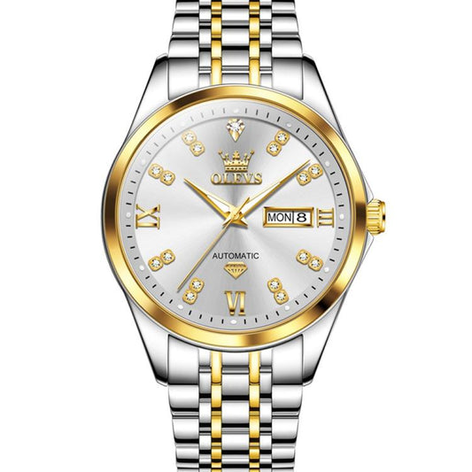 OLEVS 9801 Men Diamond Waterproof Dual Calendar Mechanical Watch(White Gold) - Metal Strap Watches by OLEVS | Online Shopping South Africa | PMC Jewellery | Buy Now Pay Later Mobicred