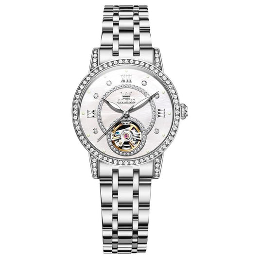 OLEVS 7036 Women Starry Sky Disk Luminous Skeleton Mechanical Watch(Silver White) - Metal Strap Watches by OLEVS | Online Shopping South Africa | PMC Jewellery | Buy Now Pay Later Mobicred