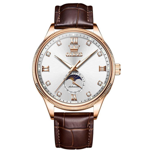 OLEVS 7039 Men Sun Moon Star Luminous Waterproof Mechanical Watch(Rose Gold White) - Leather Strap Watches by OLEVS | Online Shopping South Africa | PMC Jewellery | Buy Now Pay Later Mobicred