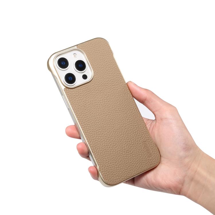 For iPhone 14 Pro Max Denior A20 Genuine Leather Litchi Texture MagSafe Frameless Phone Case(Khaki) - free shipping - PMc TechLife - Order now!