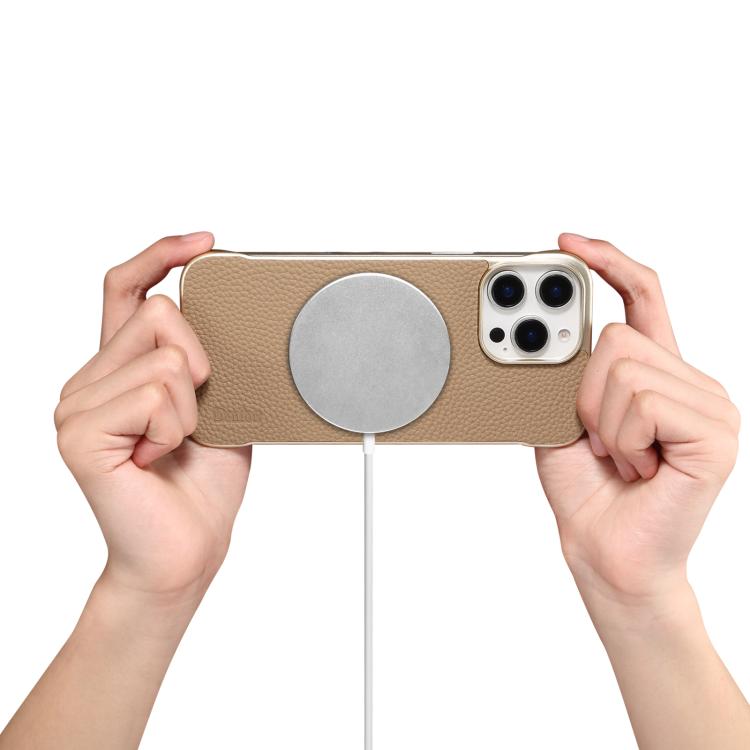 For iPhone 15 Pro Max Denior A20 Genuine Leather Litchi Texture MagSafe Frameless Phone Case(Khaki) - free shipping - PMc TechLife - Order now!