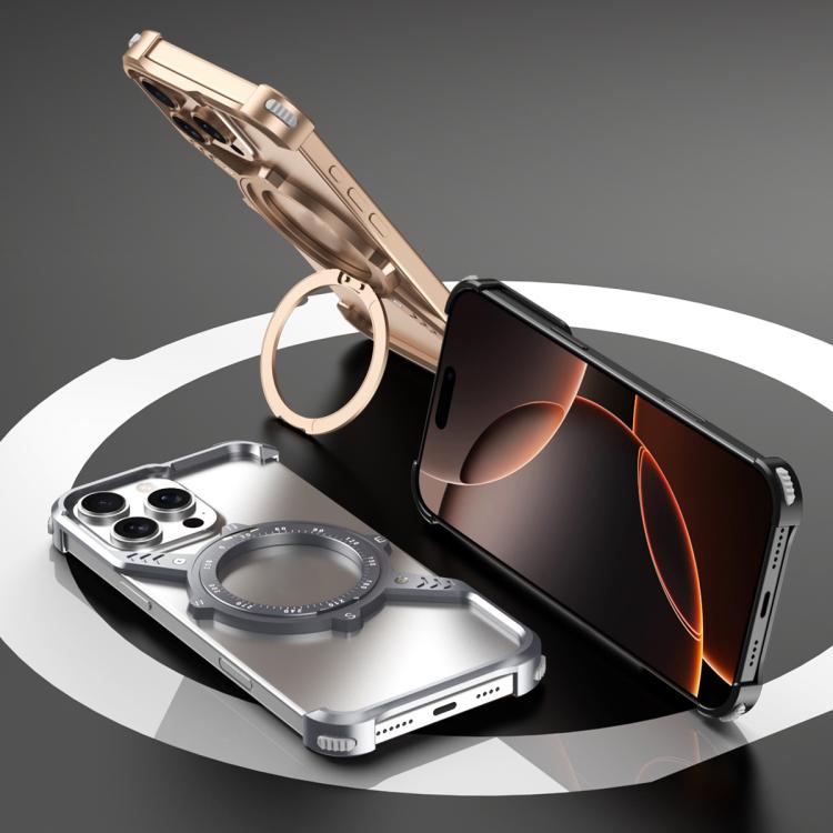For iPhone 16 Pro S Shaped 360 Holder Airbag Frameless MagSafe Metal Phone Case(Black) - free shipping - PMC TechLife - Order now!