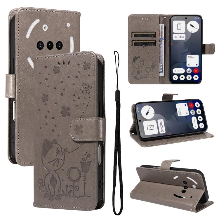 For Nothing Phone 3A Cat and Bee Embossed Flip Leather Phone Case(Grey) - free shipping - PMC TechLife - Order now!
