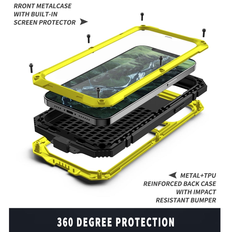 For iPhone 12 / 12 Pro R-JUST Shockproof Waterproof Dust-proof Metal + Silicone Protective Case with Holder(Yellow) - iPhone 12 / 12 Pro Cases by R-JUST | Online Shopping South Africa | PMC TechLife | Buy Now Pay Later Mobicred