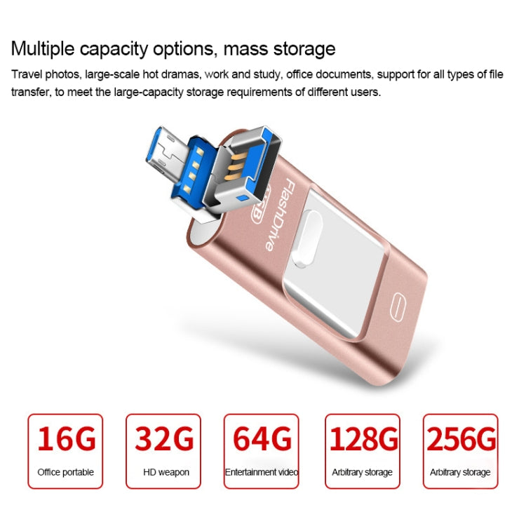 128GB USB 3.0 + 8 Pin + Mirco USB Android iPhone Computer Dual-use Metal Flash Drive (Gold) - U Disk & Card Reader by PMC Jewellery | Online Shopping South Africa | PMC Jewellery | Buy Now Pay Later Mobicred