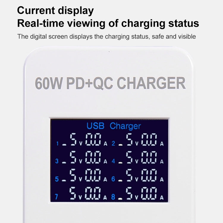 A8T 60W 8 Ports USB + QC3.0 + PD Type-C Smart Charging Station with Digital Display AC100-240V, EU Plug - Multifunction Charger by PMC Jewellery | Online Shopping South Africa | PMC Jewellery | Buy Now Pay Later Mobicred