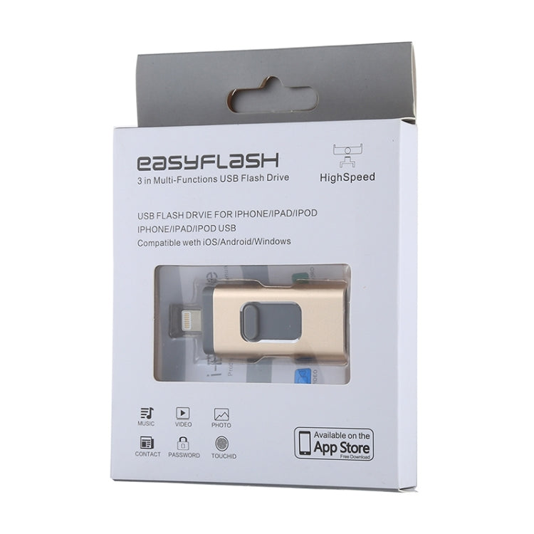 easyflash RQW-01B 3 in 1 USB 2.0 & 8 Pin & Micro USB 16GB Flash Drive(Gold) - U Disk & Card Reader by PMC Jewellery | Online Shopping South Africa | PMC Jewellery | Buy Now Pay Later Mobicred