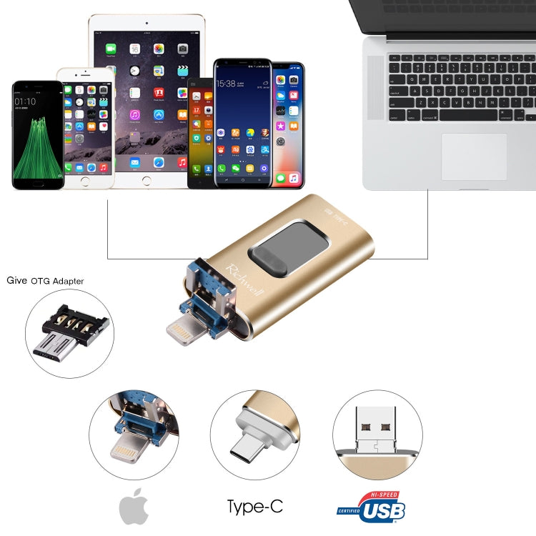 Richwell 3 in 1 64G Type-C + 8 Pin + USB 3.0 Metal Push-pull Flash Disk with OTG Function(Rose Gold) - free shipping - PMC Jewellery - Order now!
