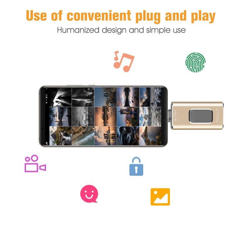 Richwell 3 in 1 64G Type-C + 8 Pin + USB 3.0 Metal Push-pull Flash Disk with OTG Function(Rose Gold) - free shipping - PMC Jewellery - Order now!