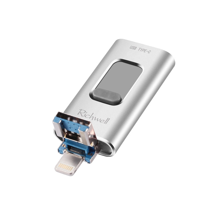 Richwell 3 in 1 128G Type-C + 8 Pin + USB 3.0 Metal Push-pull Flash Disk with OTG Function(Silver) - free shipping - PMC Jewellery - Order now!