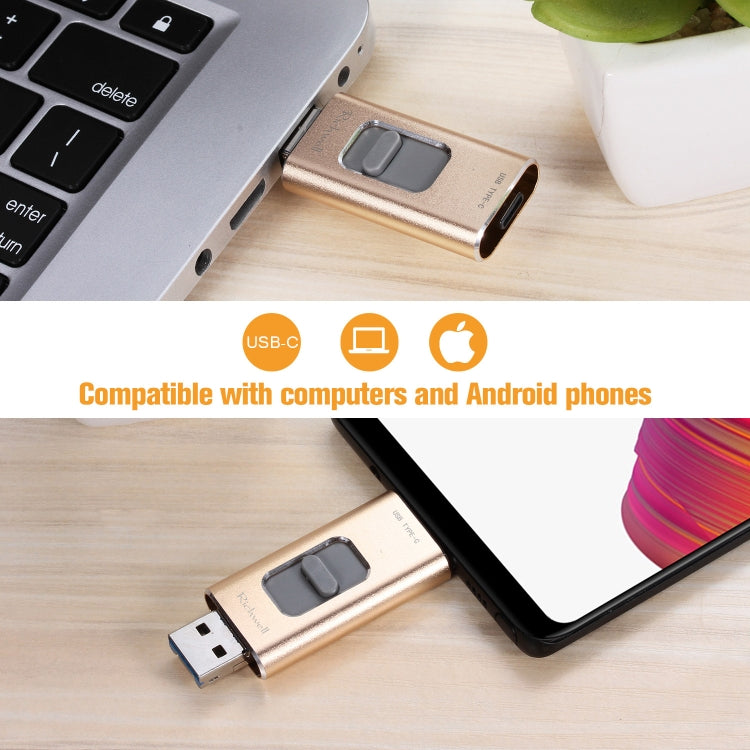 Richwell 3 in 1 128G Type-C + 8 Pin + USB 3.0 Metal Push-pull Flash Disk with OTG Function(Silver) - free shipping - PMC Jewellery - Order now!