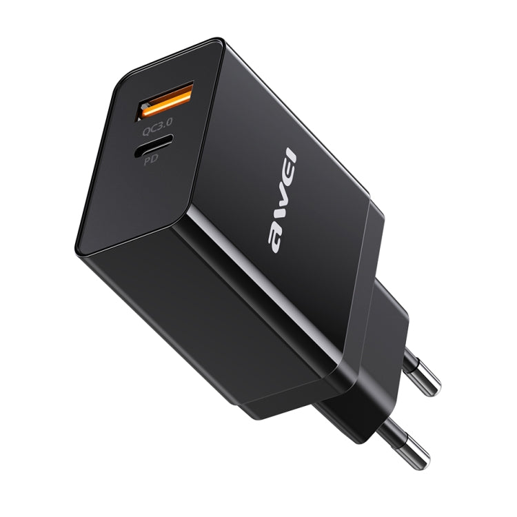 awei C-980 18W PD USB-C / Type-C + QC 3.0 USB Interface Fast Charging Travel Charger, EU Plug(Black) - USB Charger by awei | Online Shopping South Africa | PMC Jewellery | Buy Now Pay Later Mobicred