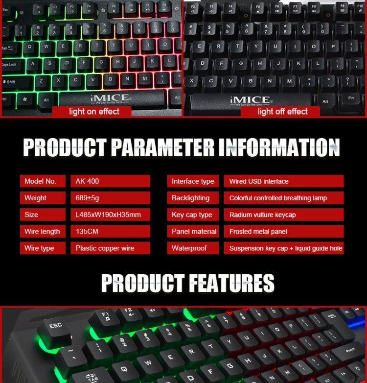 iMICE AK-400 USB Interface 104 Keys Wired Colorful Backlight Gaming Keyboard for Computer PC Laptop(Black) - Wired Keyboard by iMICE | Online Shopping South Africa | PMC Jewellery | Buy Now Pay Later Mobicred