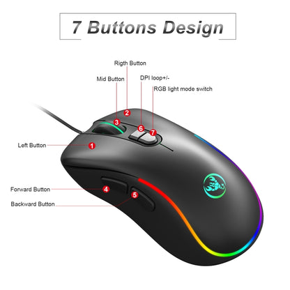 HXSJ J300 7 Keys RGB Lighting Programmable Gaming Wired Mouse(Black) - Wired Mice by HXSJ | Online Shopping South Africa | PMC Jewellery | Buy Now Pay Later Mobicred