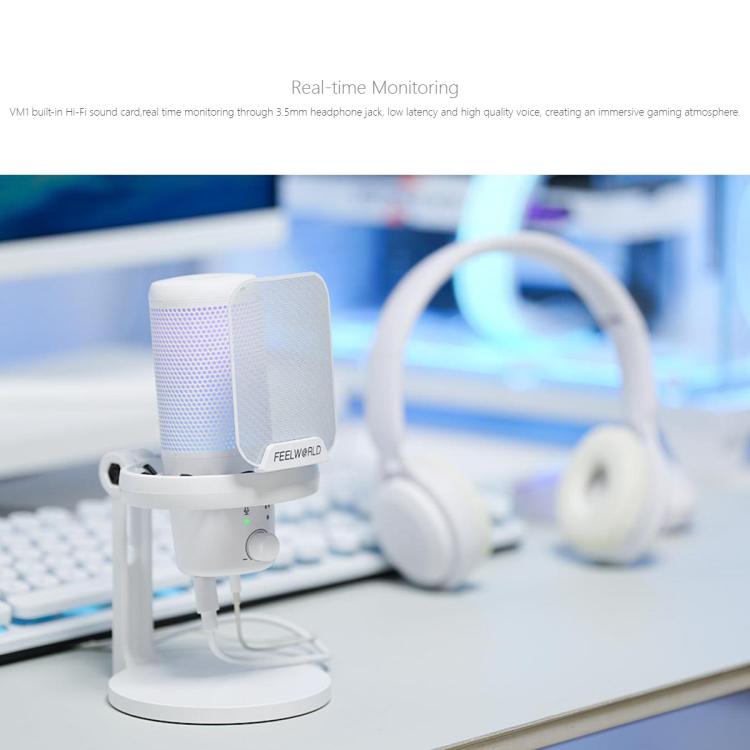FEELWORLD VM1 USB Condenser Gaming Microphone for Streaming Noise Cancellation Mute RGB Light Desktop Stand (White) - Microphone by FEELWORLD | Online Shopping South Africa | PMC TechLife | Buy Now Pay Later Mobicred