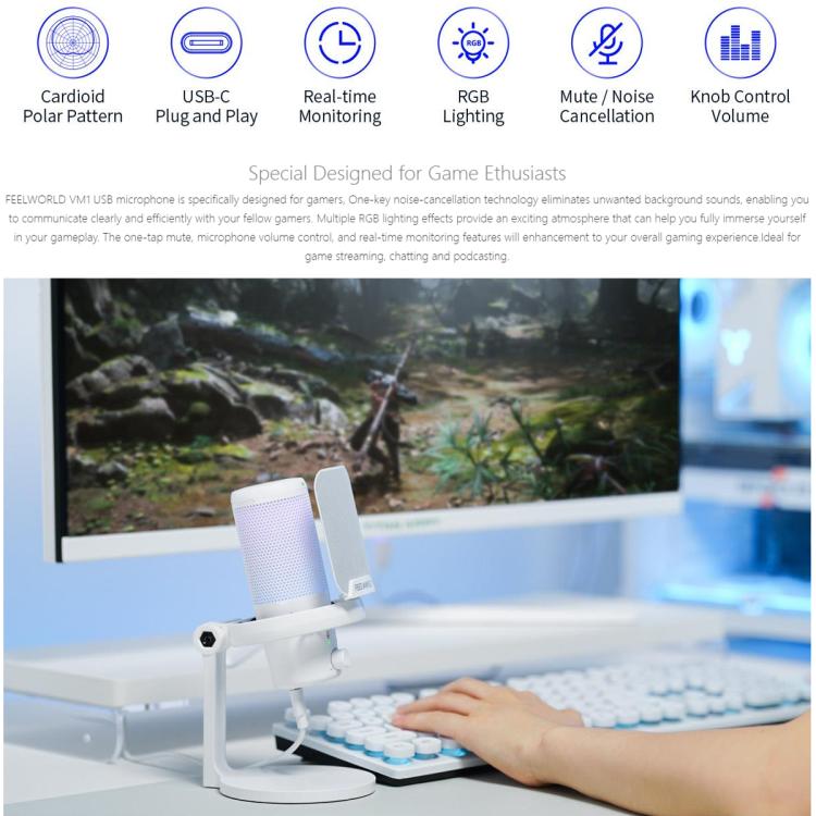 FEELWORLD VM1 USB Condenser Gaming Microphone for Streaming Noise Cancellation Mute RGB Light Desktop Stand (White) - Microphone by FEELWORLD | Online Shopping South Africa | PMC TechLife | Buy Now Pay Later Mobicred