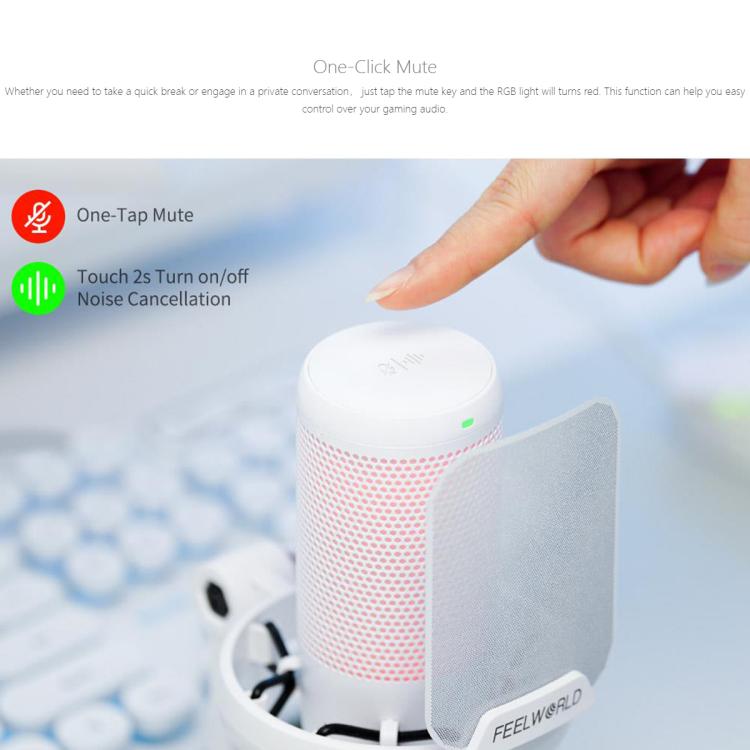 FEELWORLD VM1 USB Condenser Gaming Microphone for Streaming Noise Cancellation Mute RGB Light Desktop Stand (White) - Microphone by FEELWORLD | Online Shopping South Africa | PMC TechLife | Buy Now Pay Later Mobicred