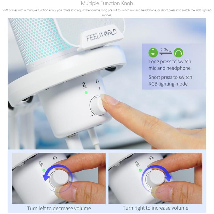 FEELWORLD VM1 USB Condenser Gaming Microphone for Streaming Noise Cancellation Mute RGB Light Desktop Stand (White) - Microphone by FEELWORLD | Online Shopping South Africa | PMC TechLife | Buy Now Pay Later Mobicred