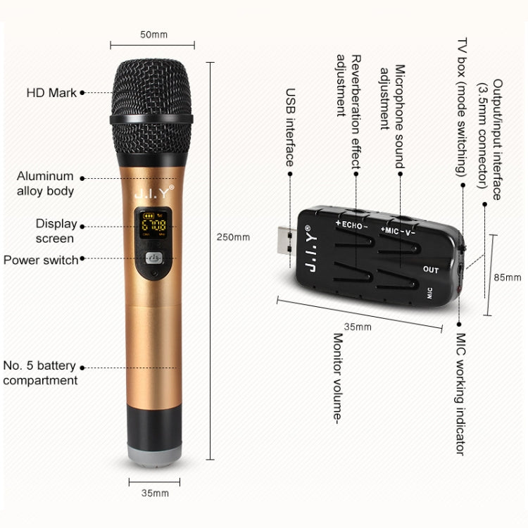 J.I.Y 2 in 1 K Song Wireless Microphones for TV PC with Audio Card USB Receiver and LED Display (Gold) - Microphone by PMC Jewellery | Online Shopping South Africa | PMC Jewellery | Buy Now Pay Later Mobicred