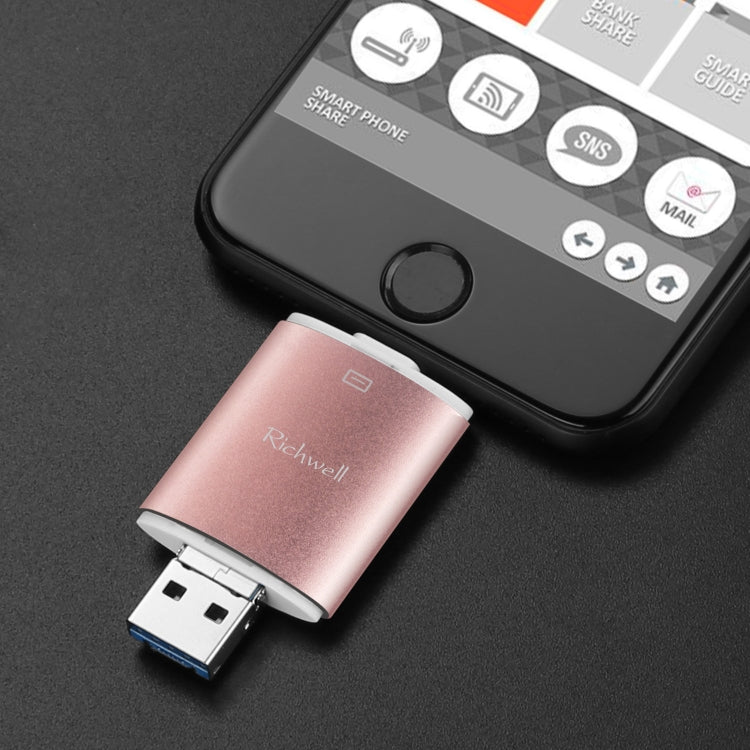 Richwell 3 in 1 128G Type-C + 8 Pin + USB 3.0 Metal Double Cover Push-pull Flash Disk with OTG Function(Rose Gold) - U Disk & Card Reader by Richwell | Online Shopping South Africa | PMC Jewellery | Buy Now Pay Later Mobicred