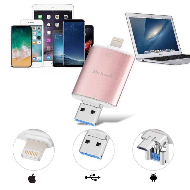 Richwell 3 in 1 64G Type-C + 8 Pin + USB 3.0 Metal Double Cover Push-pull Flash Disk with OTG Function(Silver) - free shipping - PMC Jewellery - Order now!