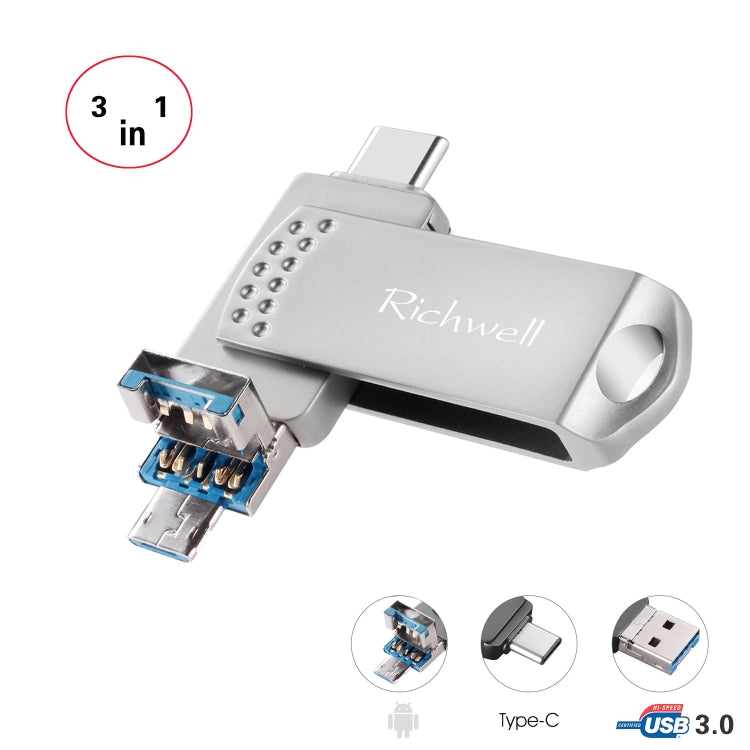 Richwell 3 in 1 64G Type-C + Micro USB + USB 3.0 Metal Flash Disk with OTG Function(Silver) - U Disk & Card Reader by Richwell | Online Shopping South Africa | PMC Jewellery | Buy Now Pay Later Mobicred