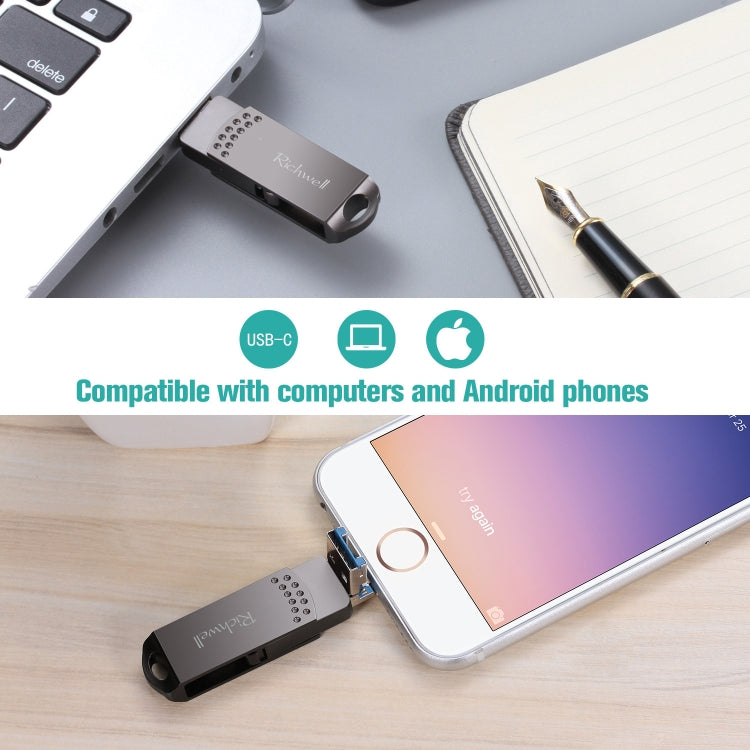 Richwell 128G Type-C + 8 Pin + USB 3.0 Metal Flash Disk with OTG Function(Silver) - U Disk & Card Reader by Richwell | Online Shopping South Africa | PMC Jewellery | Buy Now Pay Later Mobicred