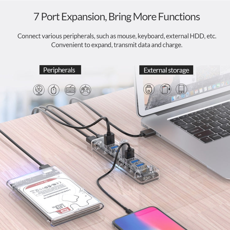 ORICO F7U 7 x USB 3.0 Ports 5Gbps Fast Transmission Desktop HUB with Blue LED Indicator Light (Transparent) - USB 3.0 HUB by ORICO | Online Shopping South Africa | PMC Jewellery | Buy Now Pay Later Mobicred