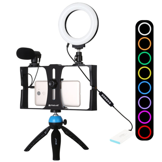 PULUZ 4 in 1 Vlogging Live Broadcast Smartphone Video Rig + 4.7 inch 12cm RGBW Ring LED Selfie Light + Microphone + Pocket Tripod Mount Kits with Cold Shoe Tripod Head(Blue) - Camera Cage by PULUZ | Online Shopping South Africa | PMC Jewellery | Buy Now Pay Later Mobicred