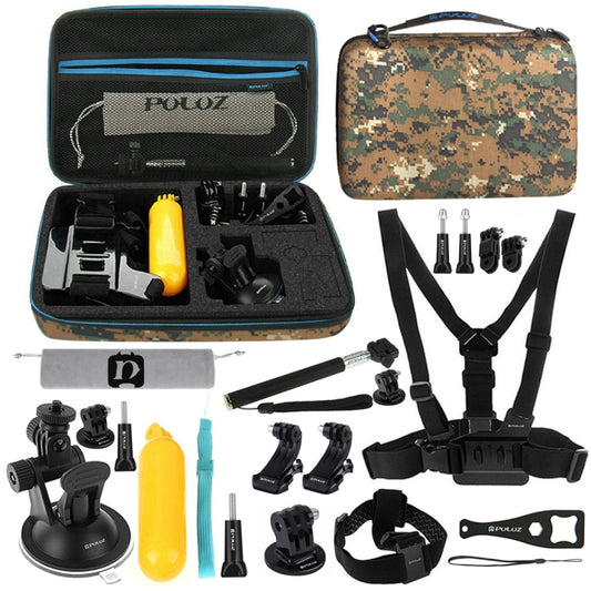 PULUZ 20 in 1 Accessories Combo Kit with Camouflage EVA Case (Chest Strap + Head Strap + Suction Cup Mount + 3-Way Pivot Arm + J-Hook Buckles + Extendable Monopod + Tripod Adapter + Bobber Hand Grip + ... ce Pro, DJI Osmo Action 4 and Other Action Cameras -  by PULUZ | Online Shopping South Africa | PMC Jewellery | Buy Now Pay Later Mobicred