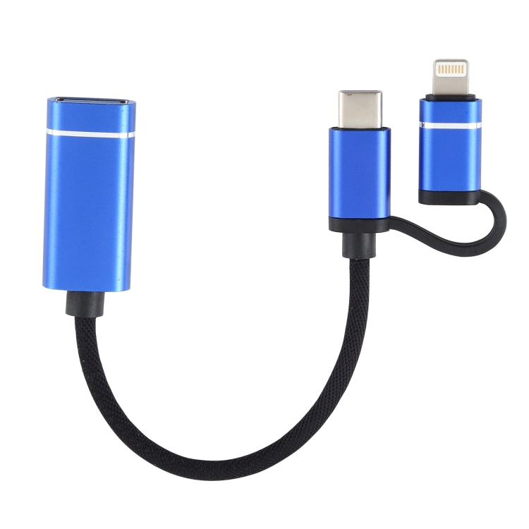 USB 3.0 Female to 8 Pin + USB-C / Type-C Male Charging + Transmission OTG Nylon Braided Adapter Cable, Cable Length: 11cm(Blue) - Converter & Adapter by PMC Jewellery | Online Shopping South Africa | PMC Jewellery | Buy Now Pay Later Mobicred