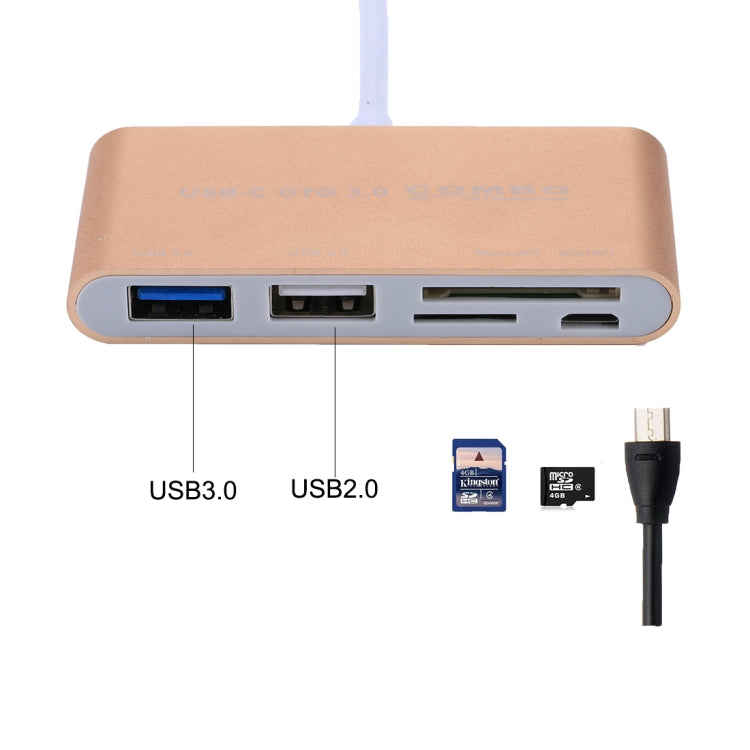 5 in 1 Micro SD + SD + USB 3.0 + USB 2.0 + Micro USB Port to USB-C / Type-C OTG COMBO Adapter Card Reader for Tablet, Smartphone, PC(Gold) - Cable & Adapters by PMC Jewellery | Online Shopping South Africa | PMC Jewellery | Buy Now Pay Later Mobicred