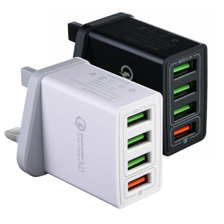 2 in 1 1m USB to 8 Pin Data Cable + 30W QC 3.0 4 USB Interfaces Mobile Phone Tablet PC Universal Quick Charger Travel Charger Set, UK Plug(Black) - USB Charger by PMC Jewellery | Online Shopping South Africa | PMC Jewellery | Buy Now Pay Later Mobicred