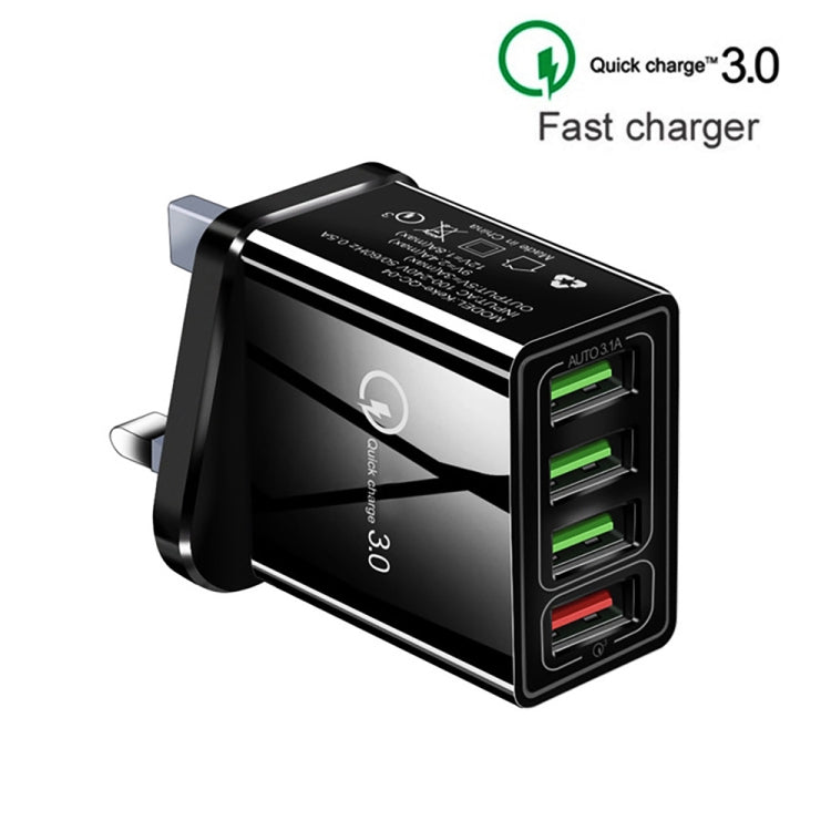 2 in 1 1m USB to 8 Pin Data Cable + 30W QC 3.0 4 USB Interfaces Mobile Phone Tablet PC Universal Quick Charger Travel Charger Set, UK Plug(Black) - USB Charger by PMC Jewellery | Online Shopping South Africa | PMC Jewellery | Buy Now Pay Later Mobicred