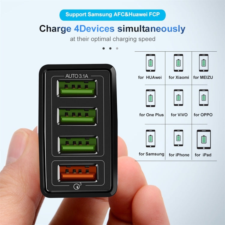 2 in 1 1m USB to 8 Pin Data Cable + 30W QC 3.0 4 USB Interfaces Mobile Phone Tablet PC Universal Quick Charger Travel Charger Set, UK Plug(Black) - USB Charger by PMC Jewellery | Online Shopping South Africa | PMC Jewellery | Buy Now Pay Later Mobicred