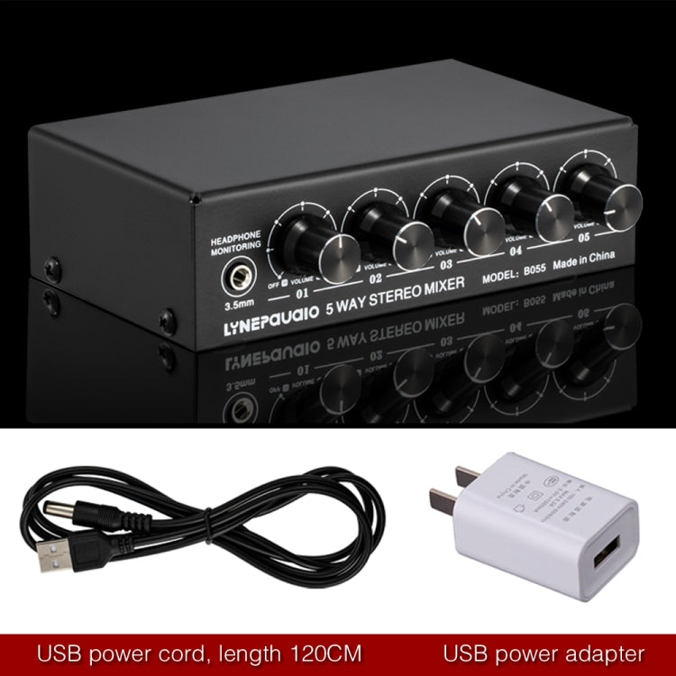 B055 5-Channel Active Stereo Mixer Multi-Channel Mixer with Independent Volume Adjustment  & USB 5V Power Output & Headphone Monitoring, US Plug -  by PMC Jewellery | Online Shopping South Africa | PMC Jewellery | Buy Now Pay Later Mobicred