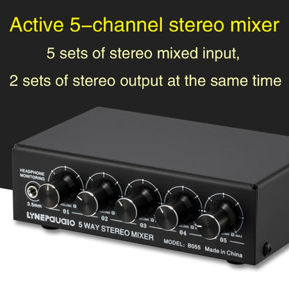 B055 5-Channel Active Stereo Mixer Multi-Channel Mixer with Independent Volume Adjustment  & USB 5V Power Output & Headphone Monitoring, US Plug -  by PMC Jewellery | Online Shopping South Africa | PMC Jewellery | Buy Now Pay Later Mobicred