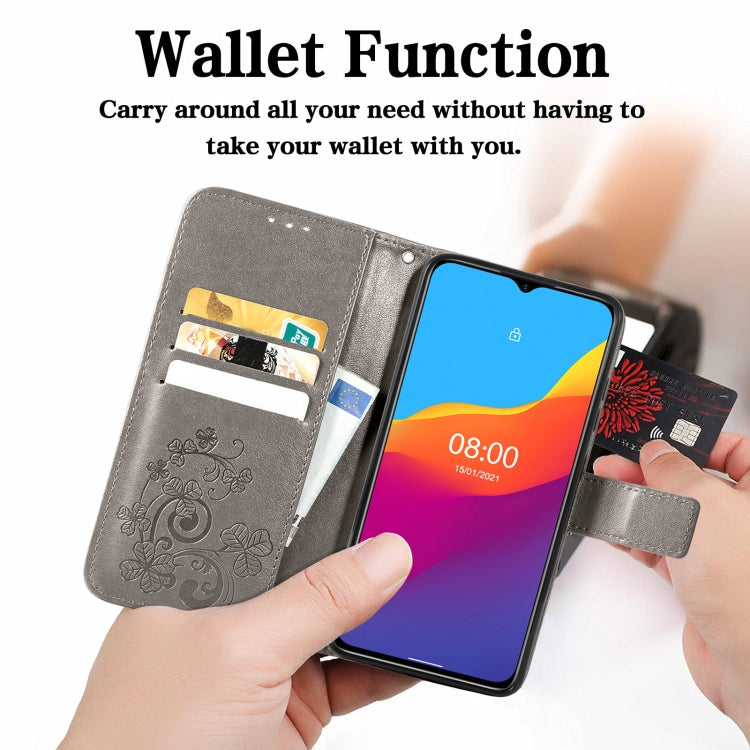 For Ulefone Note 10 Four-leaf Clasp Embossed Buckle Mobile Phone Protection Leather Case with Lanyard & Card Slot & Wallet & Bracket Function(Gray) - Ulefone Cases by PMC Jewellery | Online Shopping South Africa | PMC Jewellery | Buy Now Pay Later Mobicred